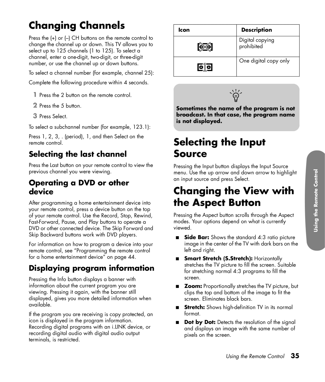 HP LC3200N 32 inch manual Changing Channels, Selecting the Input Source, Changing the View with the Aspect Button 