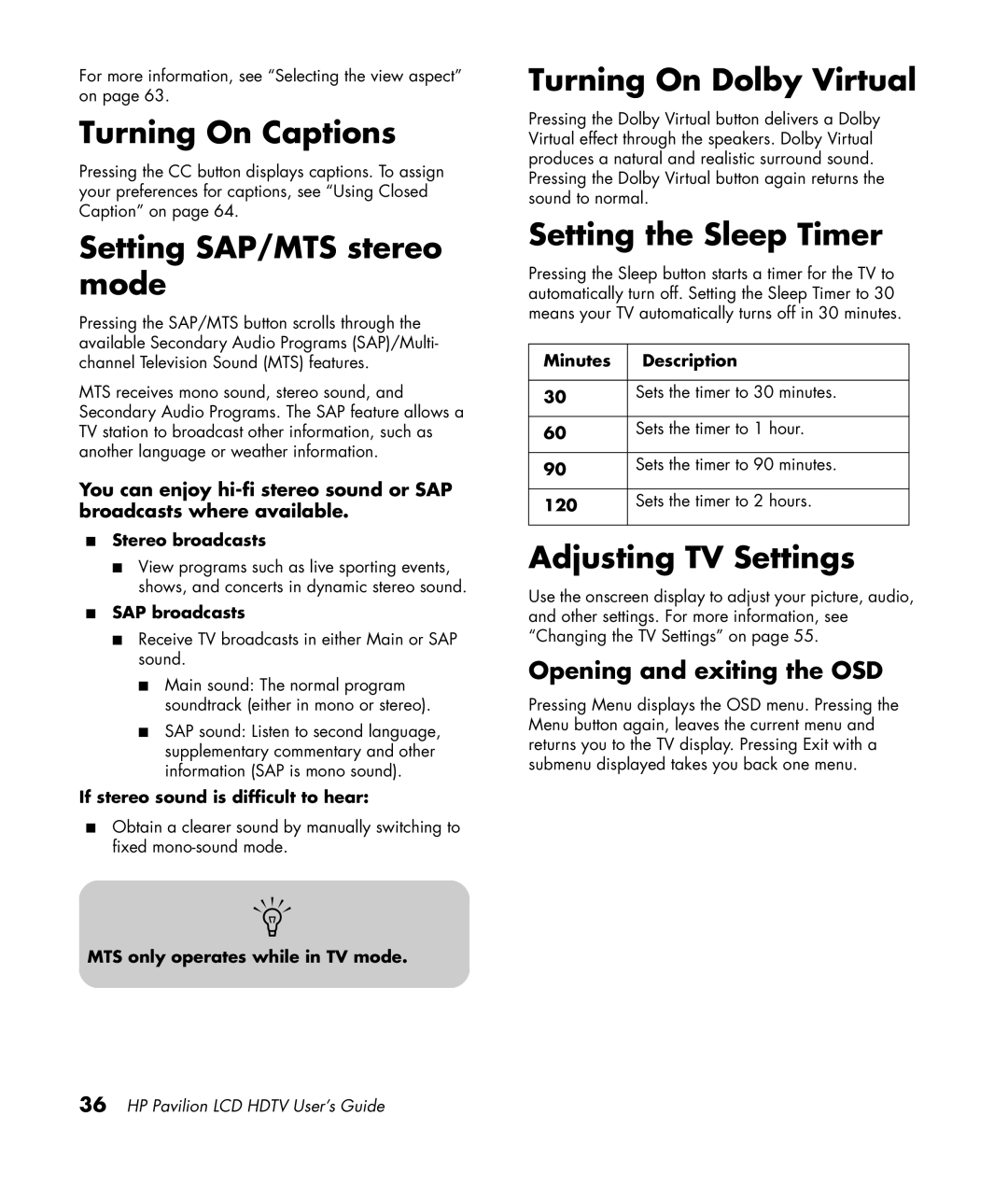 HP LC3200N 32 inch Turning On Captions, Setting SAP/MTS stereo mode, Turning On Dolby Virtual, Setting the Sleep Timer 