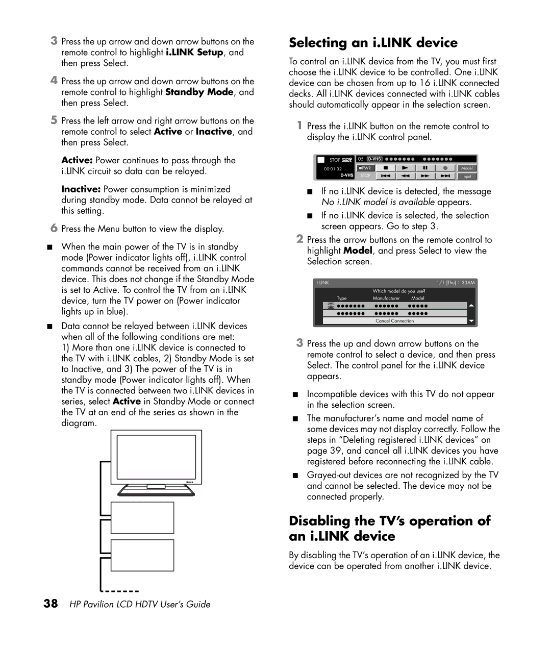 HP LC3200N 32 inch manual Selecting an i.LINK device, Disabling the TV’s operation of an i.LINK device 