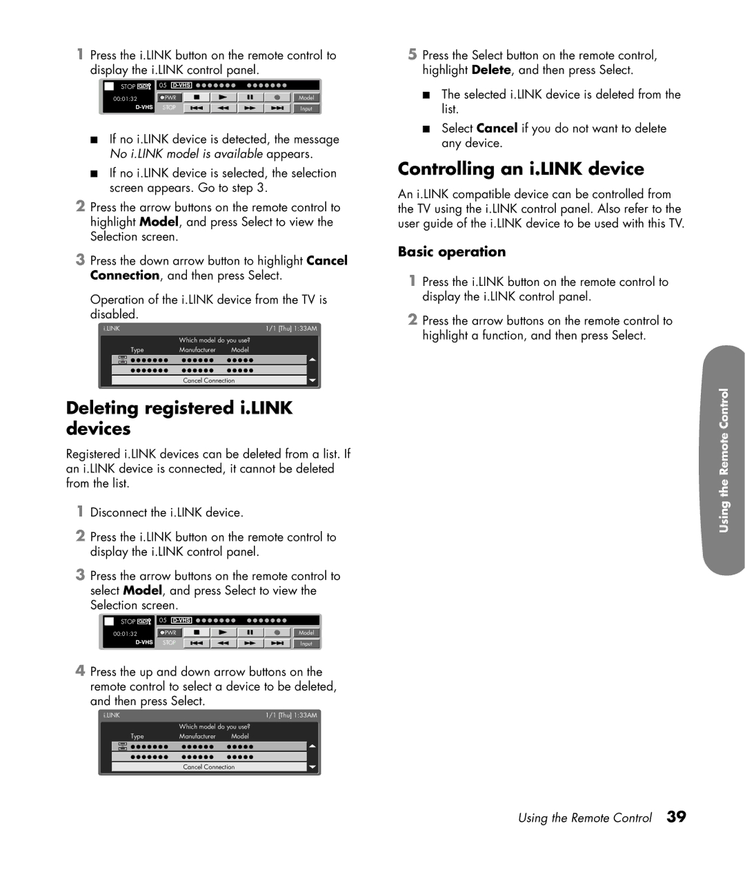 HP LC3200N 32 inch manual Deleting registered i.LINK devices, Controlling an i.LINK device, Basic operation 