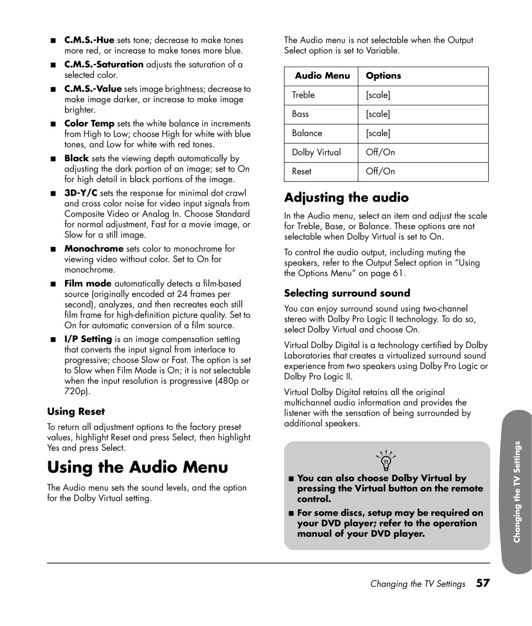 HP LC3200N 32 inch Using the Audio Menu, Adjusting the audio, Using Reset, Selecting surround sound, Audio Menu Options 