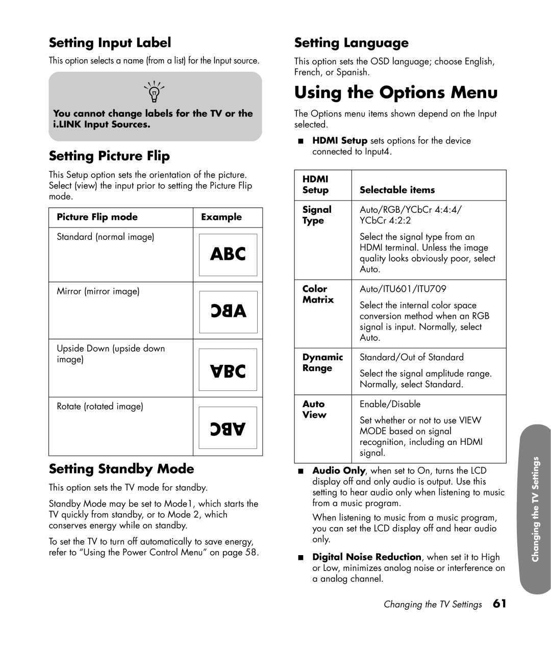 HP LC3200N 32 inch manual Using the Options Menu, Setting Input Label, Setting Picture Flip, Setting Standby Mode 