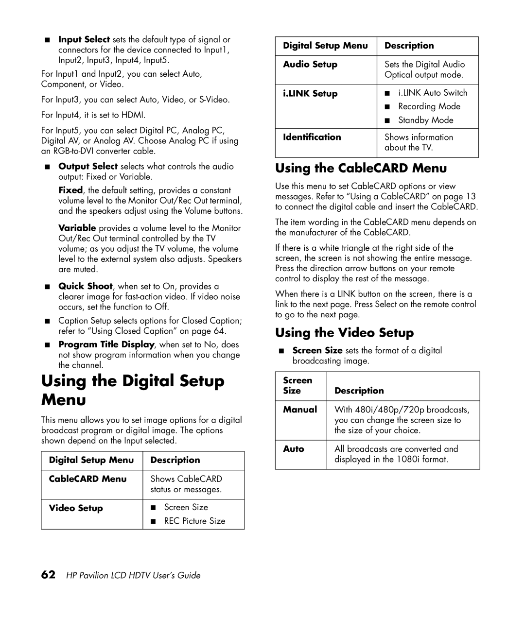 HP LC3200N 32 inch manual Using the Digital Setup Menu, Using the CableCARD Menu, Using the Video Setup, Link Setup 