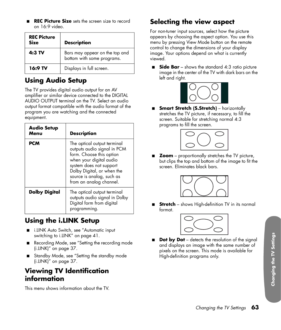 HP LC3200N 32 inch manual Using Audio Setup, Using the i.LINK Setup, Viewing TV Identification information 