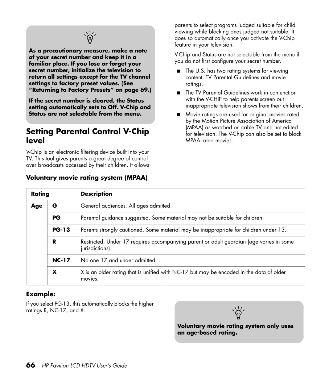 HP LC3200N 32 inch manual Setting Parental Control V-Chip level, Voluntary movie rating system Mpaa 