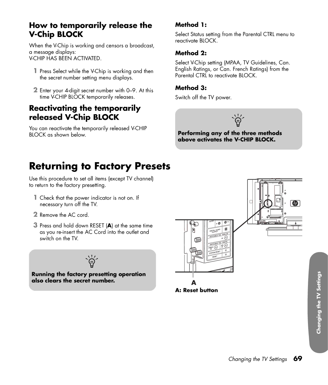 HP LC3200N 32 inch manual Returning to Factory Presets, How to temporarily release the V-Chip Block, Method 