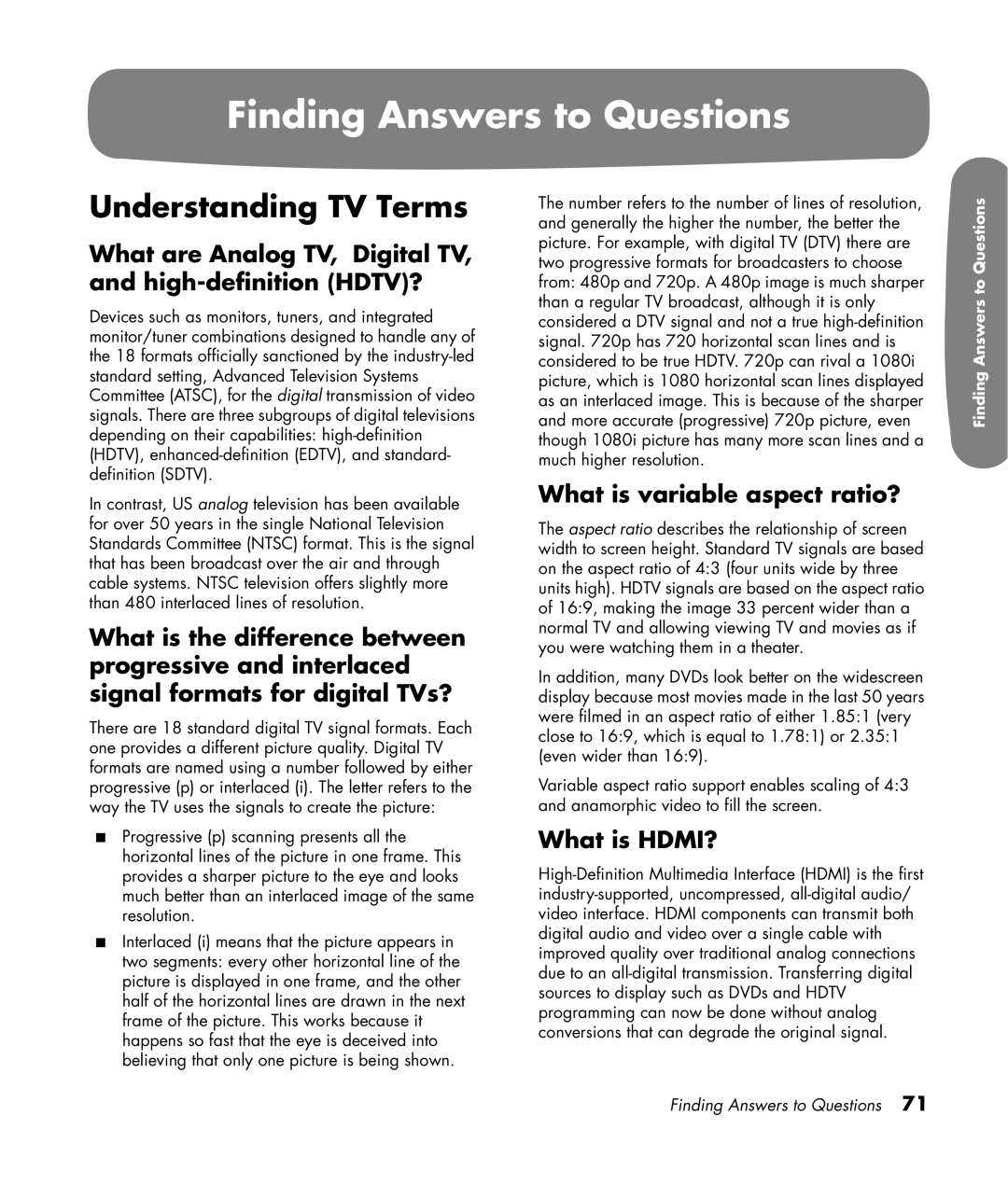 HP LC3200N 32 inch Finding Answers to Questions, Understanding TV Terms, What is variable aspect ratio?, What is HDMI? 