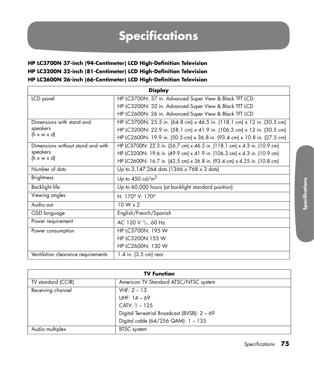 HP LC3200N 32 inch manual Specifications, TV Function 