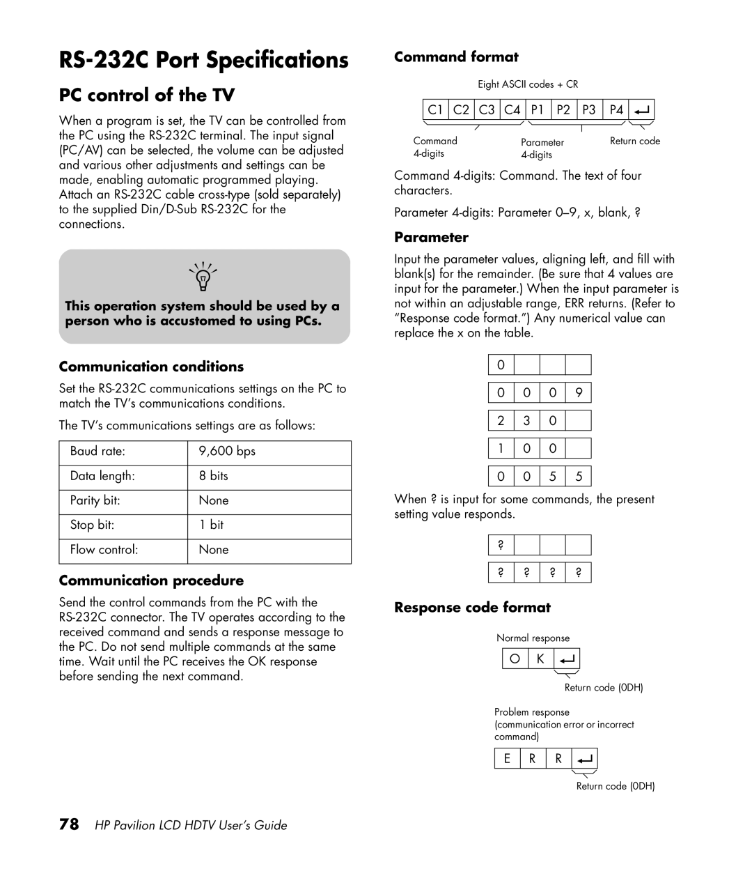 HP LC3200N 32 inch manual RS-232C Port Specifications, PC control of the TV 