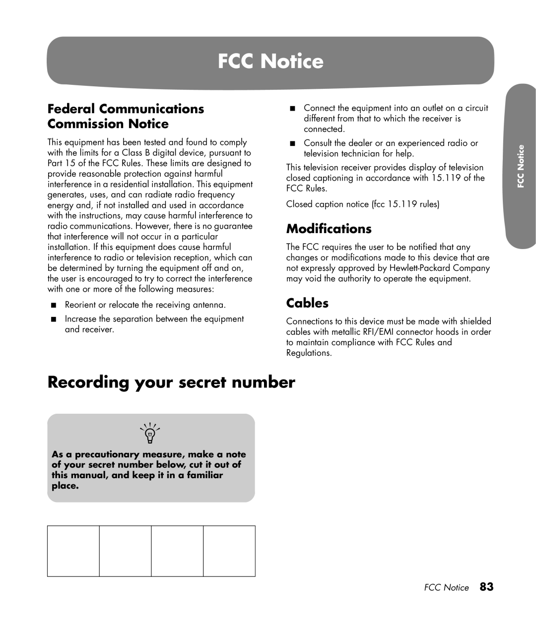 HP LC3200N 32 inch manual FCC Notice, Recording your secret number, Federal Communications Commission Notice, Modifications 