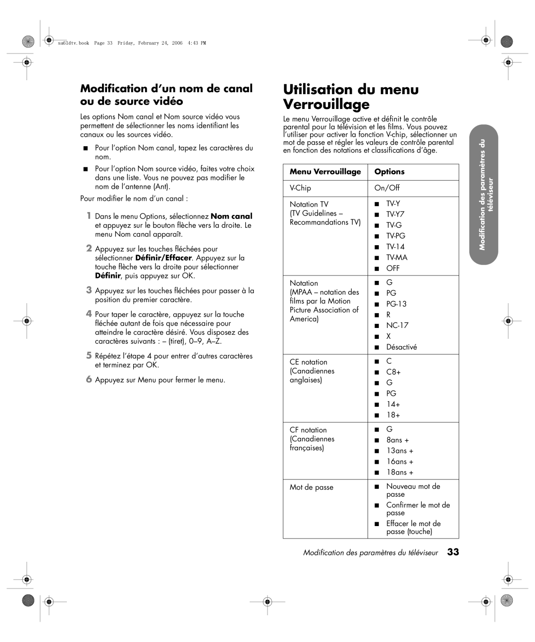 HP LC3260N 32 inch manual Utilisation du menu Verrouillage, Modification d’un nom de canal ou de source vidéo 