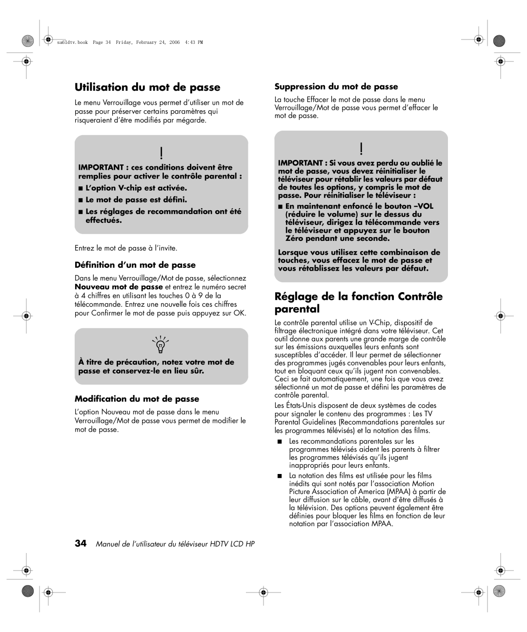 HP LC3260N 32 inch Utilisation du mot de passe, Réglage de la fonction Contrôle parental, Suppression du mot de passe 