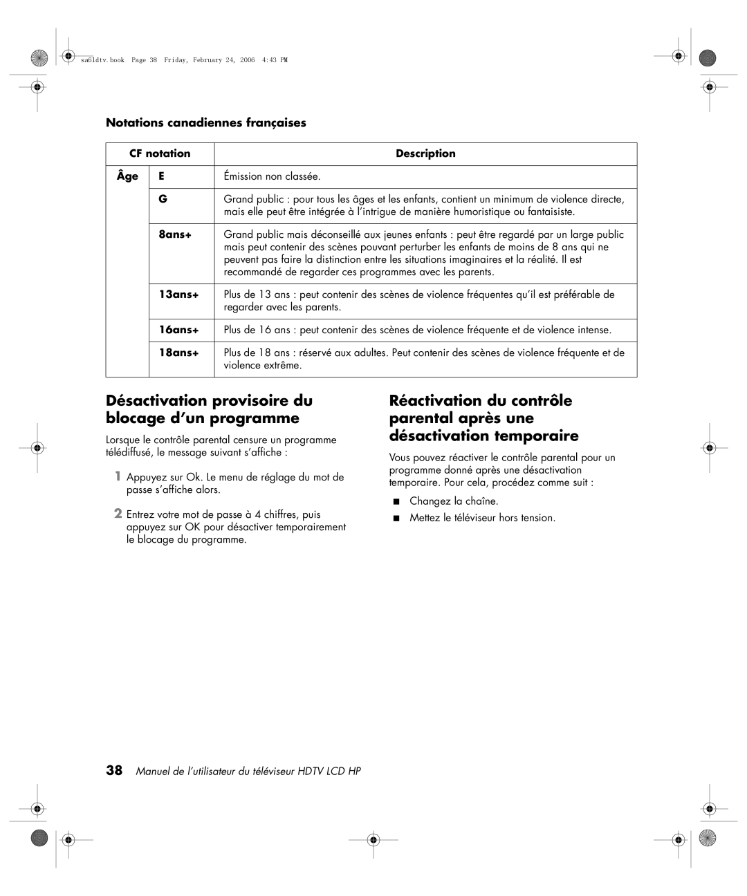 HP LC3260N 32 inch manual Désactivation provisoire du blocage d’un programme, Notations canadiennes françaises 