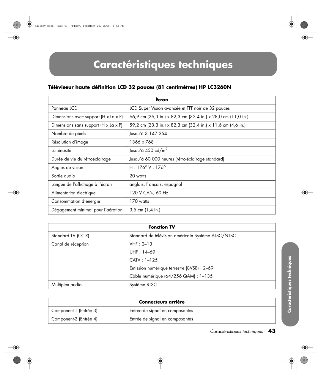 HP LC3260N 32 inch manual Caractéristiques techniques, Écran, Fonction TV, Connecteurs arrière 