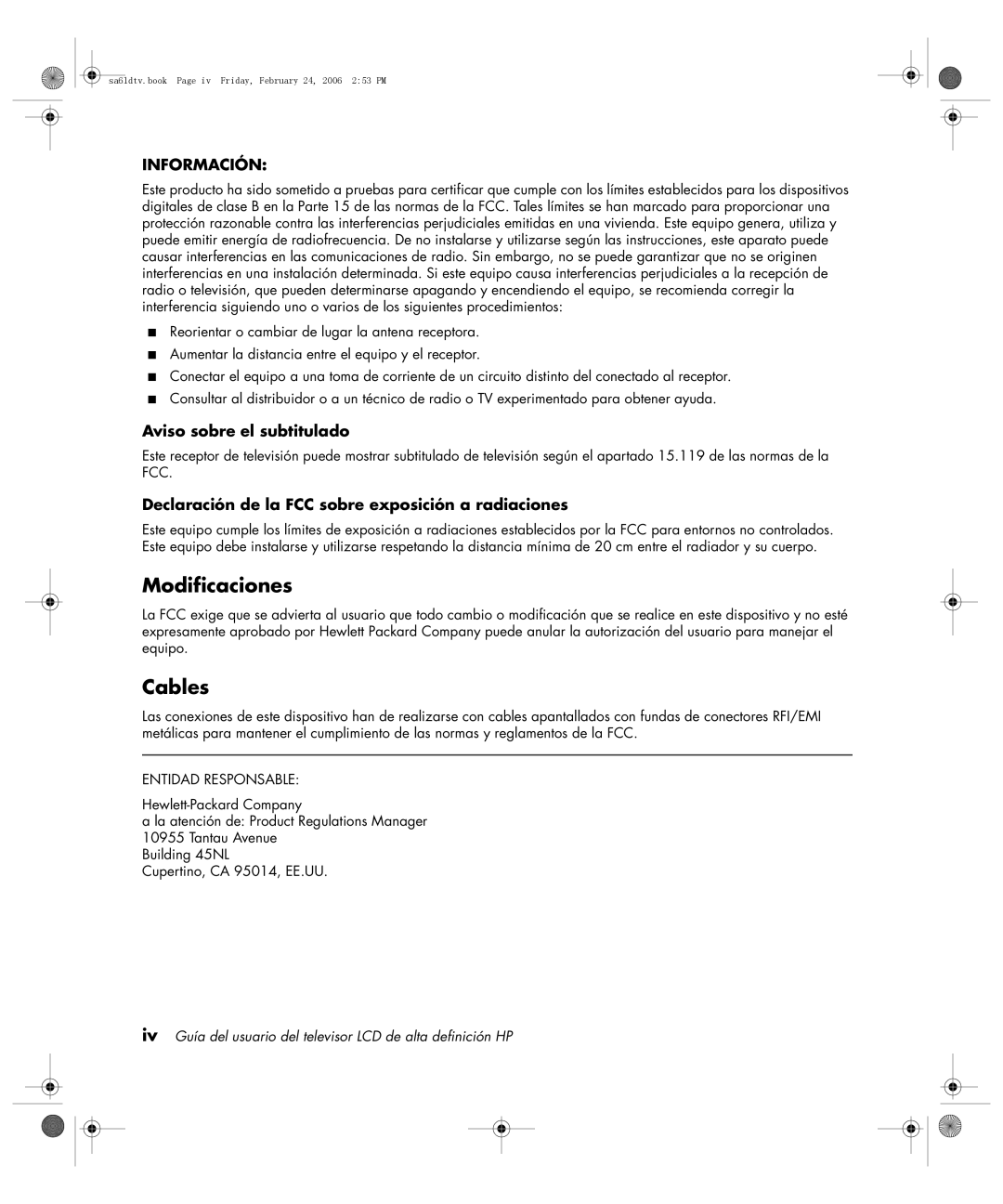 HP LC3260N 32 inch manual Modificaciones, Aviso sobre el subtitulado, Declaración de la FCC sobre exposición a radiaciones 