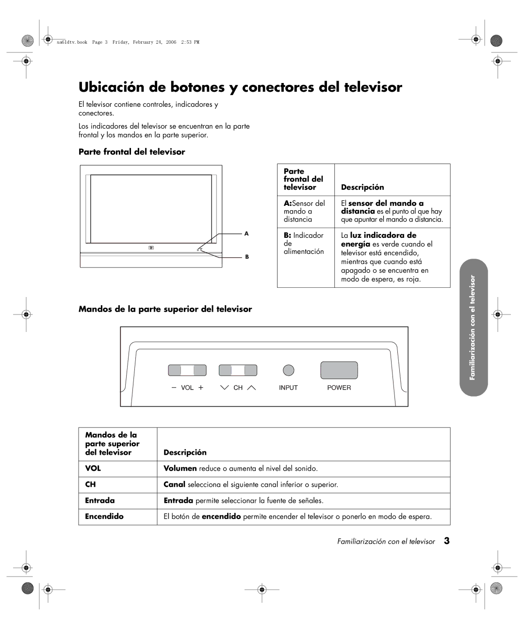 HP LC3260N 32 inch manual Ubicación de botones y conectores del televisor, Parte frontal del televisor 