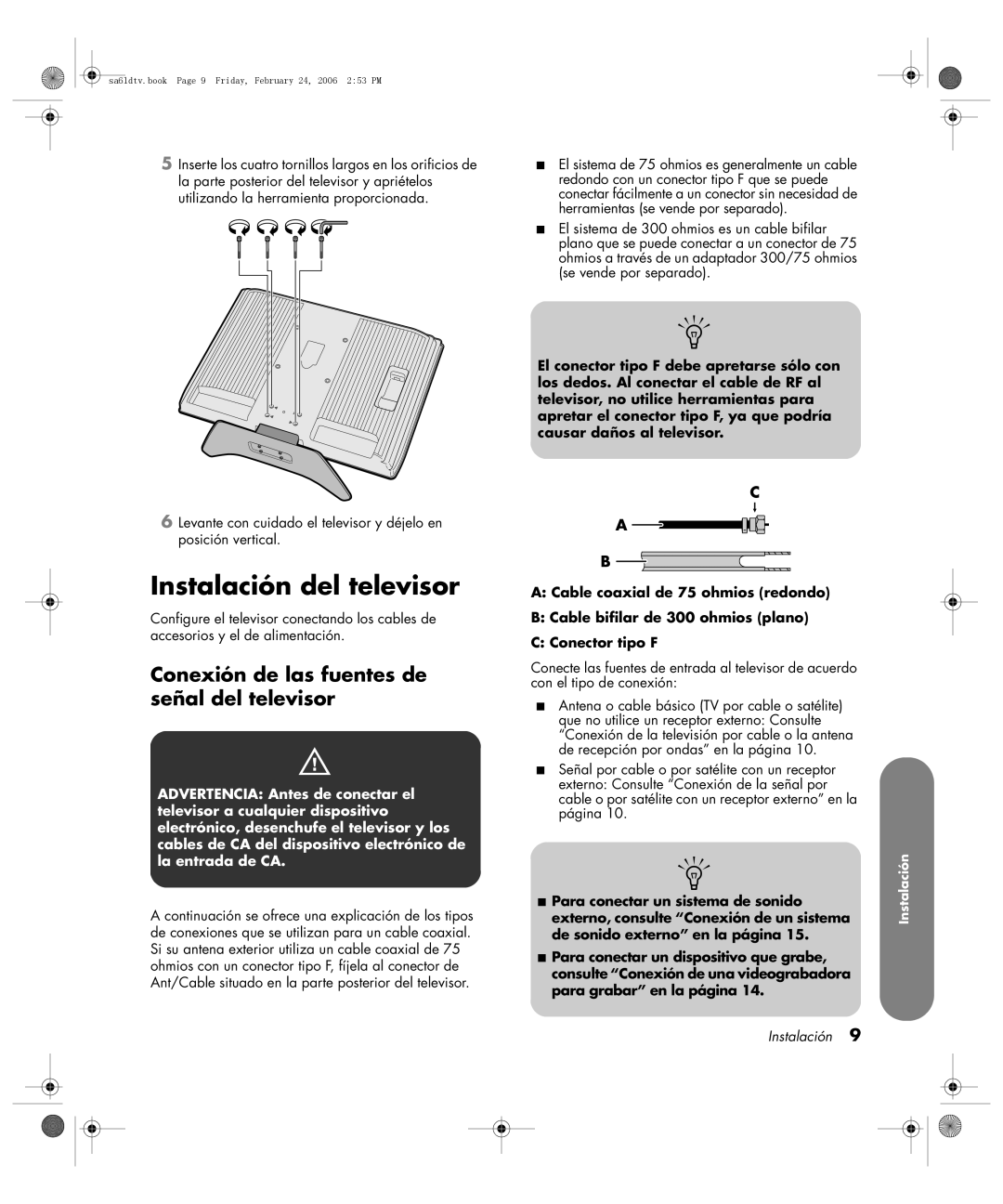 HP LC3260N 32 inch manual Instalación del televisor, Conexión de las fuentes de señal del televisor 