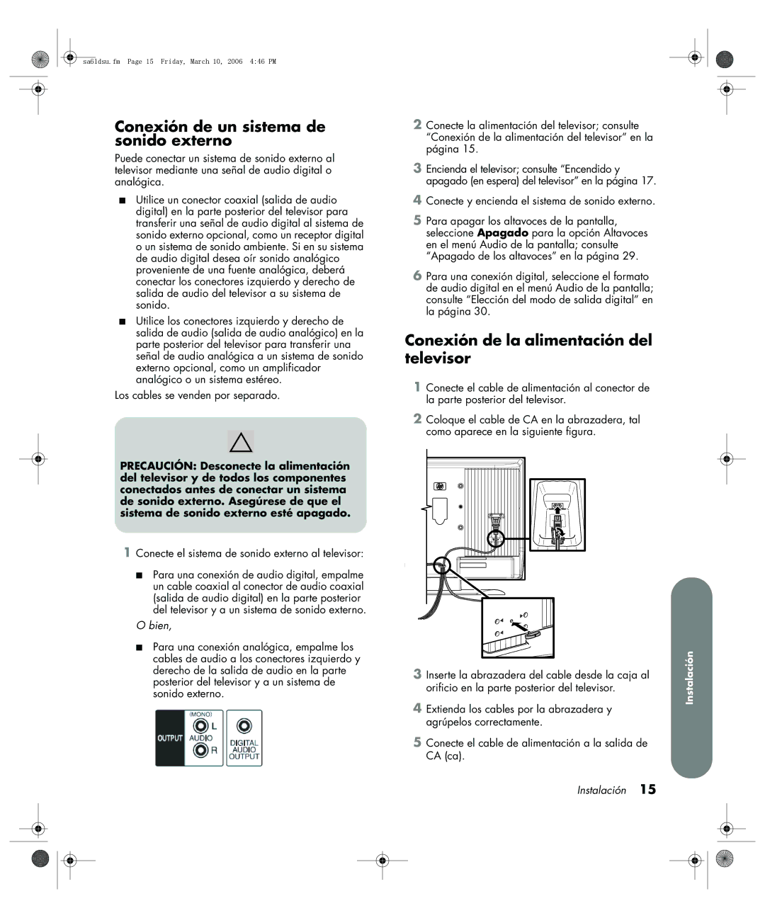 HP LC3260N 32 inch manual Conexión de un sistema de sonido externo, Conexión de la alimentación del televisor 