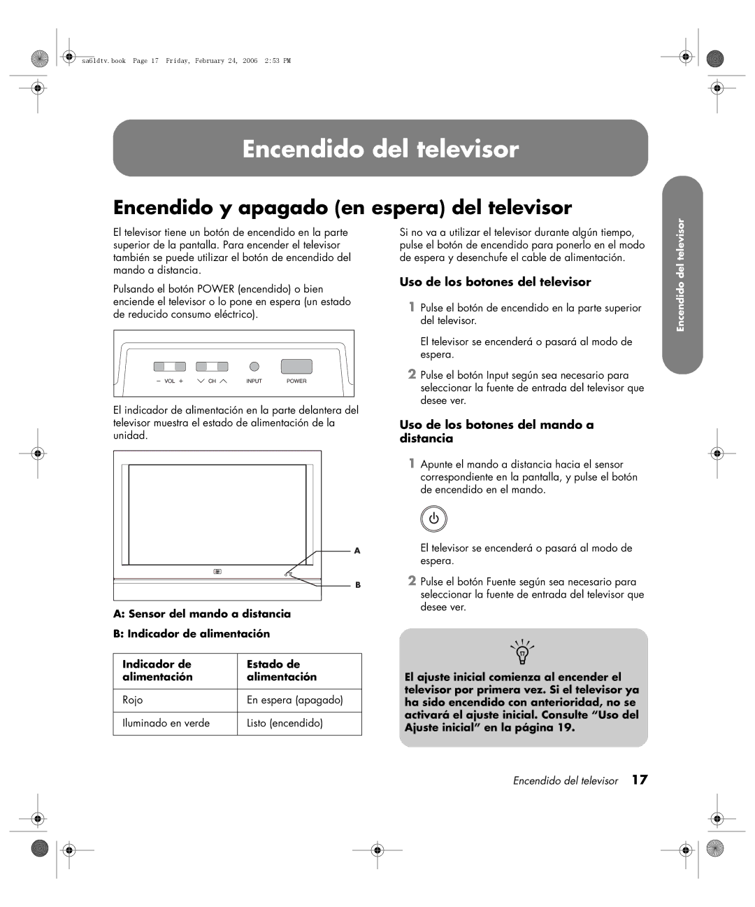 HP LC3260N 32 inch Encendido del televisor, Encendido y apagado en espera del televisor, Uso de los botones del televisor 