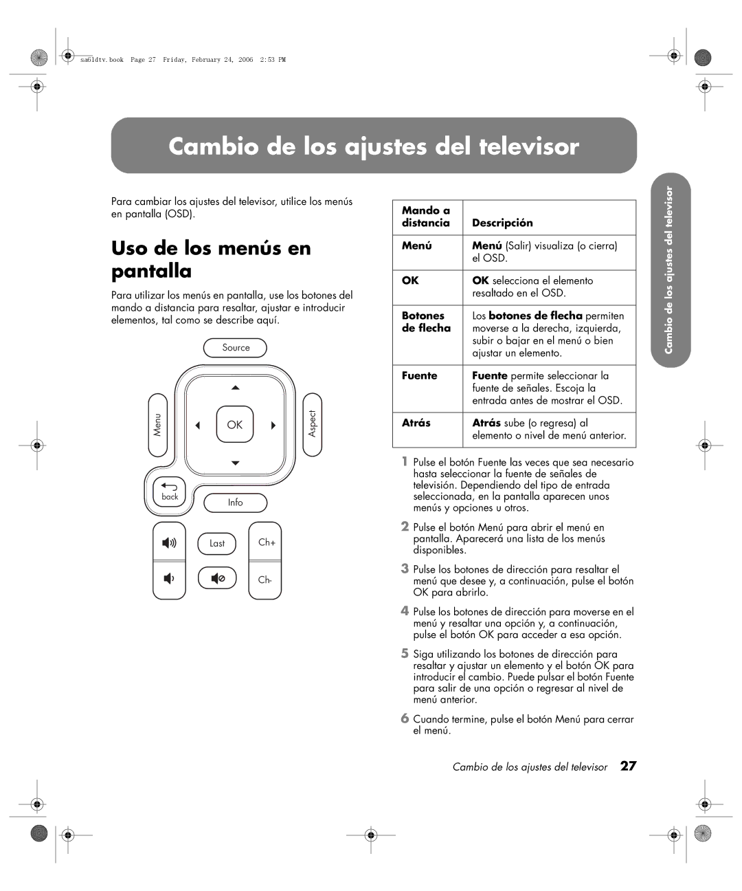 HP LC3260N 32 inch manual Cambio de los ajustes del televisor, Uso de los menús en pantalla 