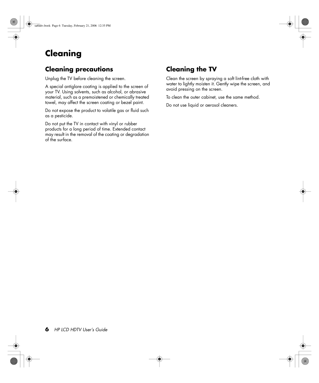 HP LC3260N 32 inch manual Cleaning precautions, Cleaning the TV 