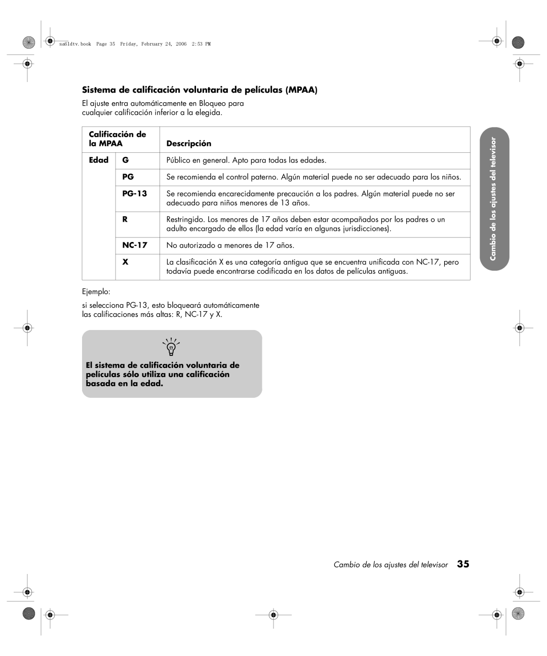 HP LC3260N 32 inch manual Sistema de calificación voluntaria de películas Mpaa, Calificación de, La Mpaa Descripción Edad 