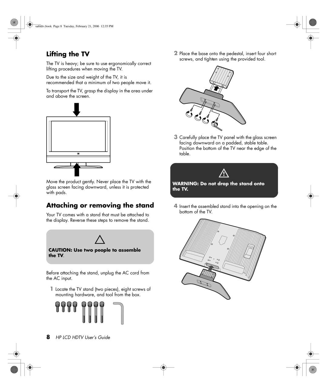 HP LC3260N 32 inch manual Lifting the TV, Attaching or removing the stand 