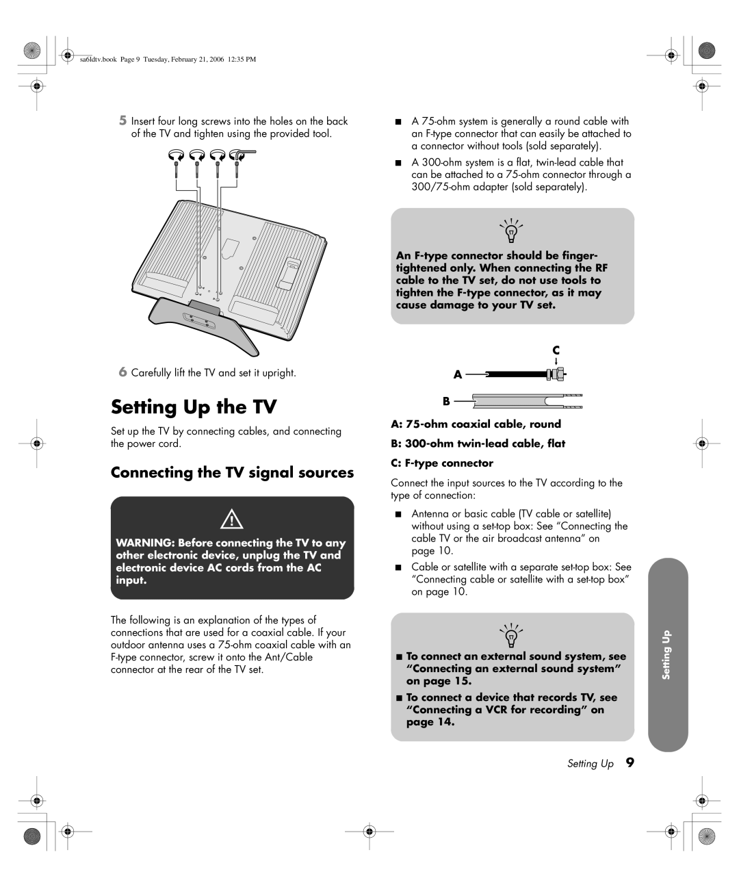 HP LC3260N 32 inch manual Setting Up the TV, Connecting the TV signal sources 