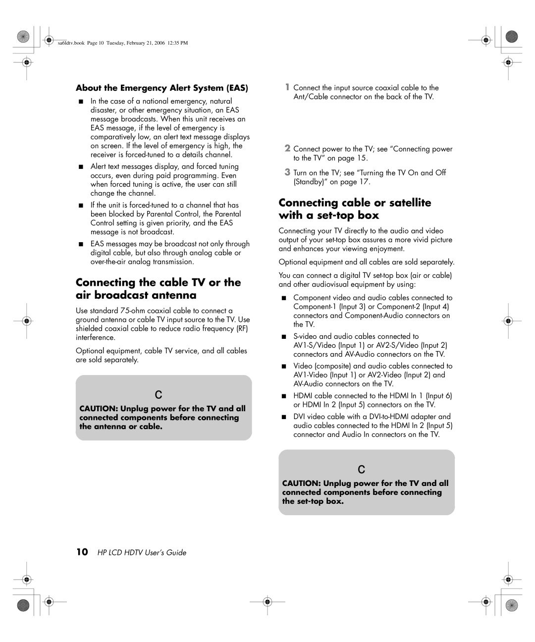 HP LC3260N 32 inch Connecting the cable TV or the air broadcast antenna, Connecting cable or satellite with a set-top box 