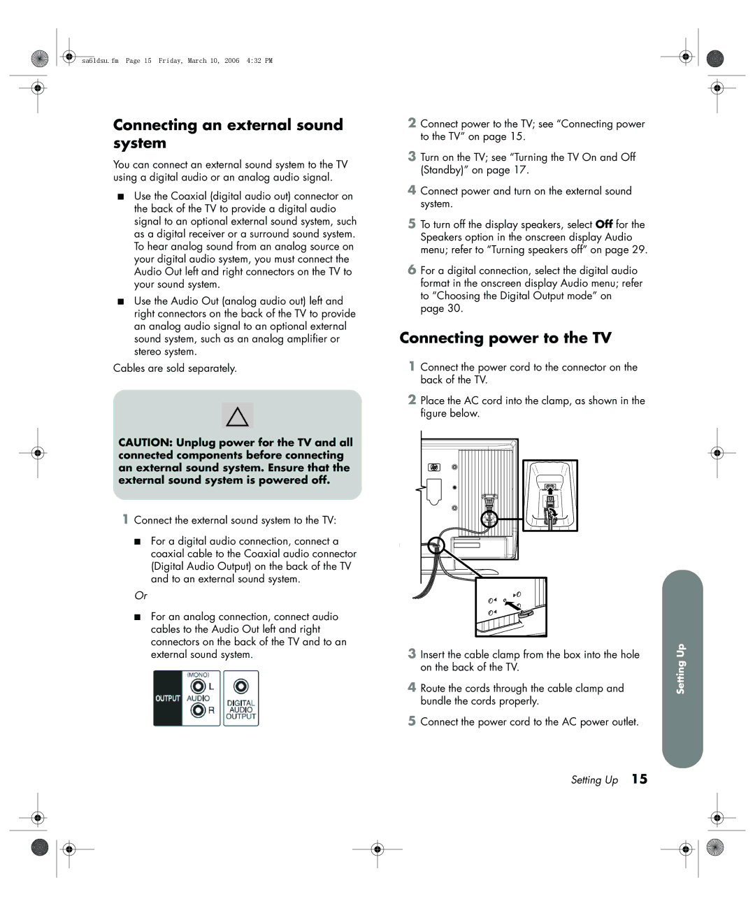 HP LC3260N 32 inch manual Connecting an external sound system, Connecting power to the TV 