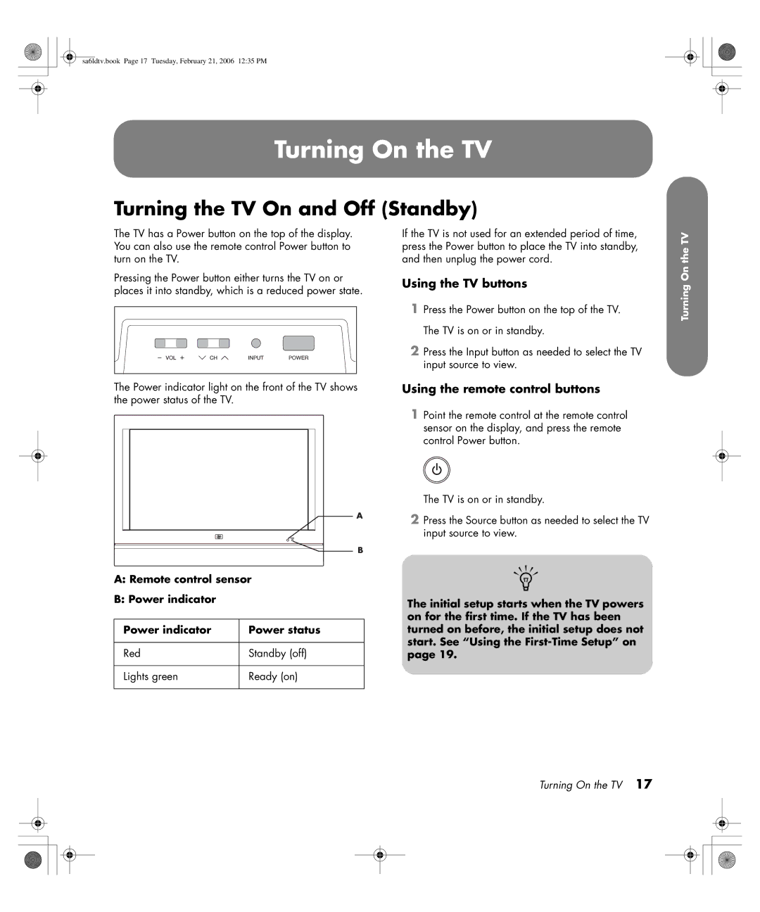 HP LC3260N 32 inch manual Turning On the TV, Turning the TV On and Off Standby, Using the TV buttons 