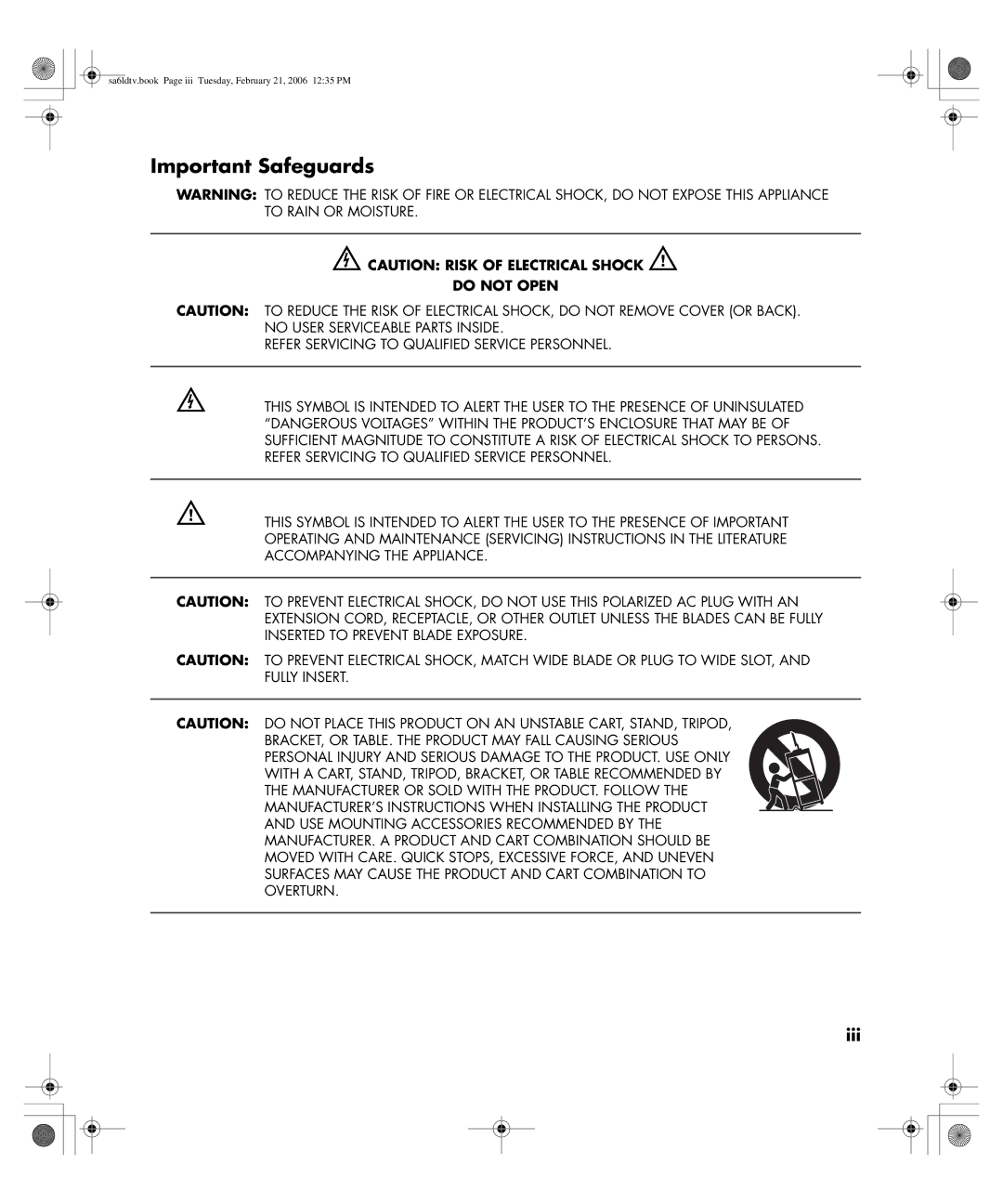 HP LC3260N 32 inch manual Important Safeguards, ECAUTION Risk of Electrical Shock w 