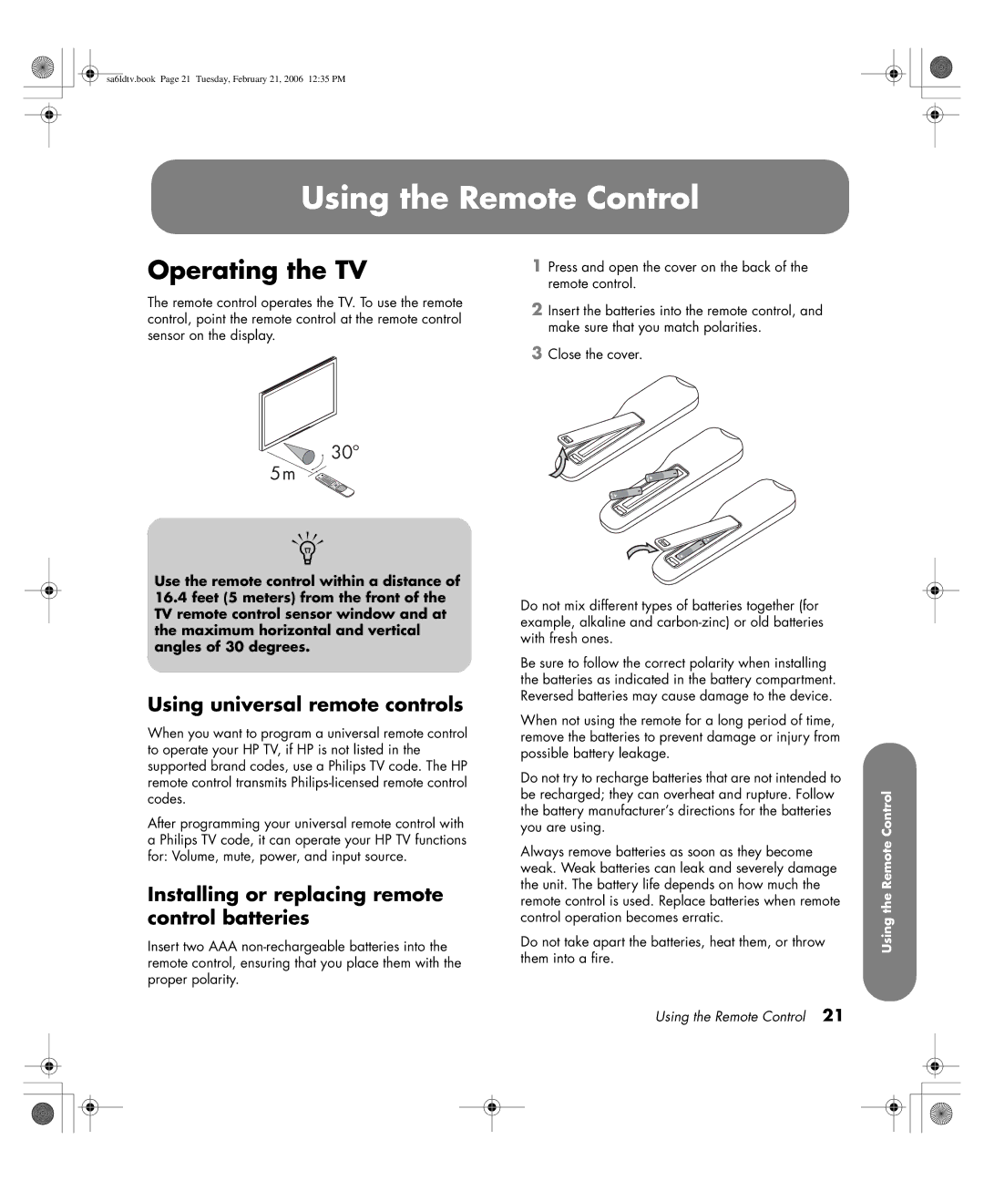 HP LC3260N 32 inch manual Using the Remote Control, Operating the TV, Using universal remote controls 