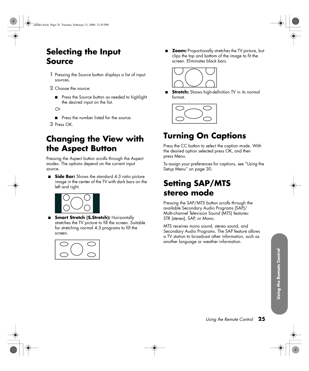 HP LC3260N 32 inch manual Selecting the Input Source, Changing the View with the Aspect Button, Turning On Captions 