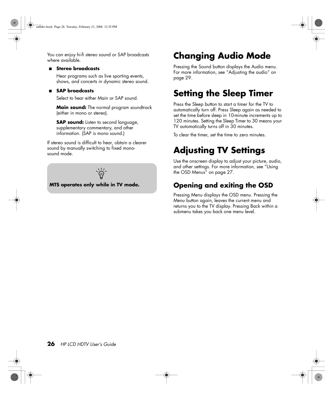 HP LC3260N 32 inch manual Changing Audio Mode, Setting the Sleep Timer, Adjusting TV Settings, Opening and exiting the OSD 