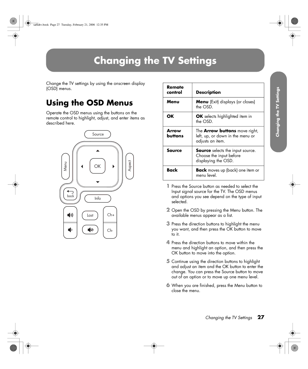 HP LC3260N 32 inch manual Changing the TV Settings, Using the OSD Menus, Remote 