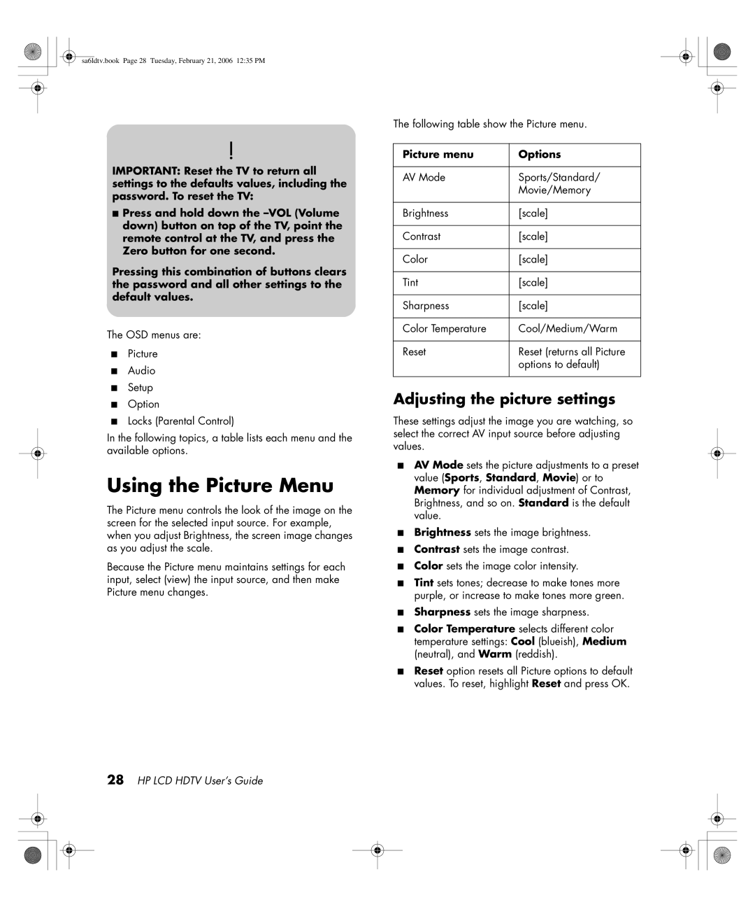 HP LC3260N 32 inch manual Using the Picture Menu, Adjusting the picture settings, Picture menu Options 