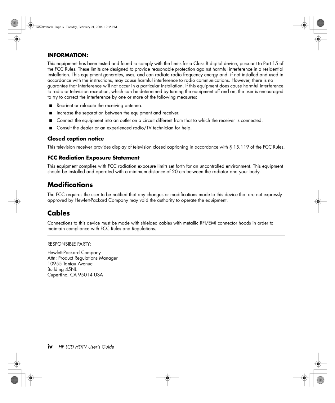 HP LC3260N 32 inch manual Modifications, Cables, Closed caption notice, FCC Radiation Exposure Statement 