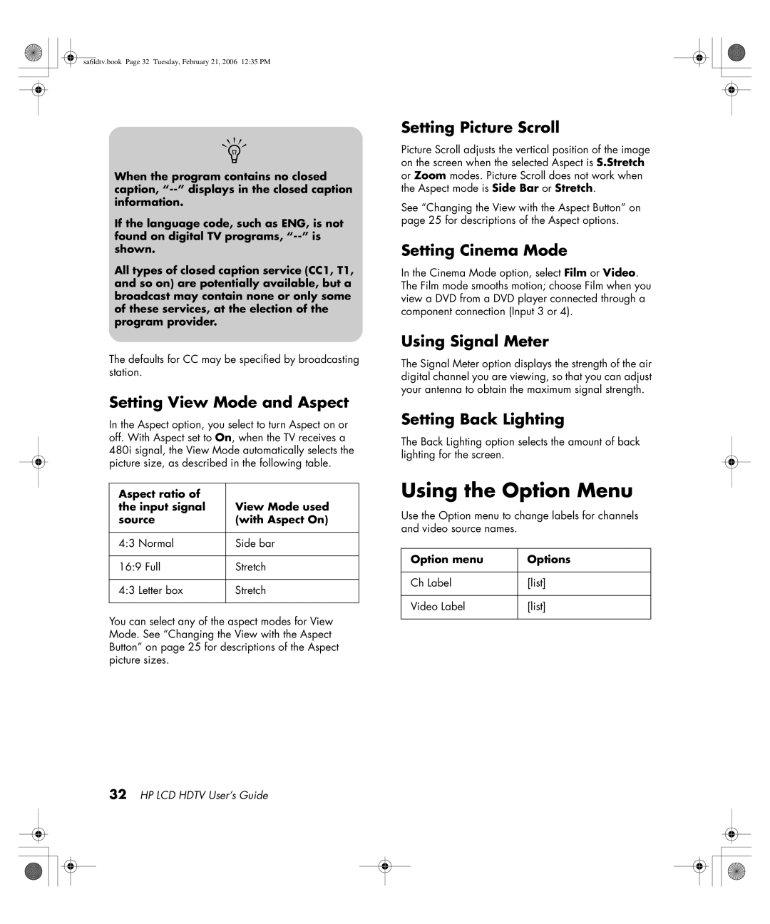 HP LC3260N 32 inch manual Using the Option Menu 