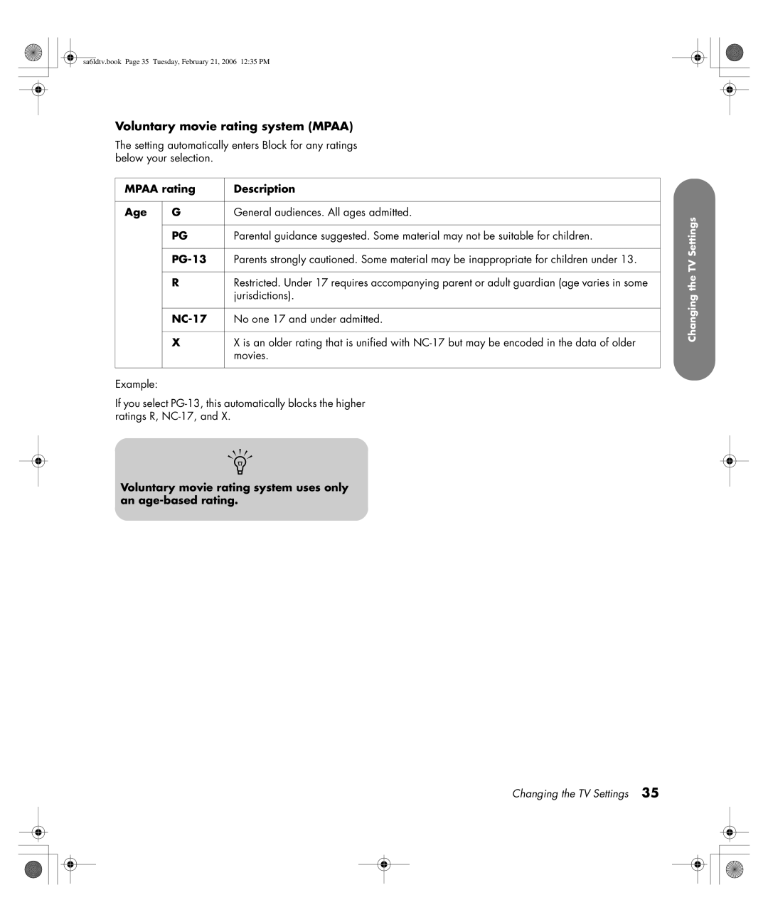 HP LC3260N 32 inch manual Voluntary movie rating system Mpaa, Mpaa rating Description Age, PG-13, NC-17 