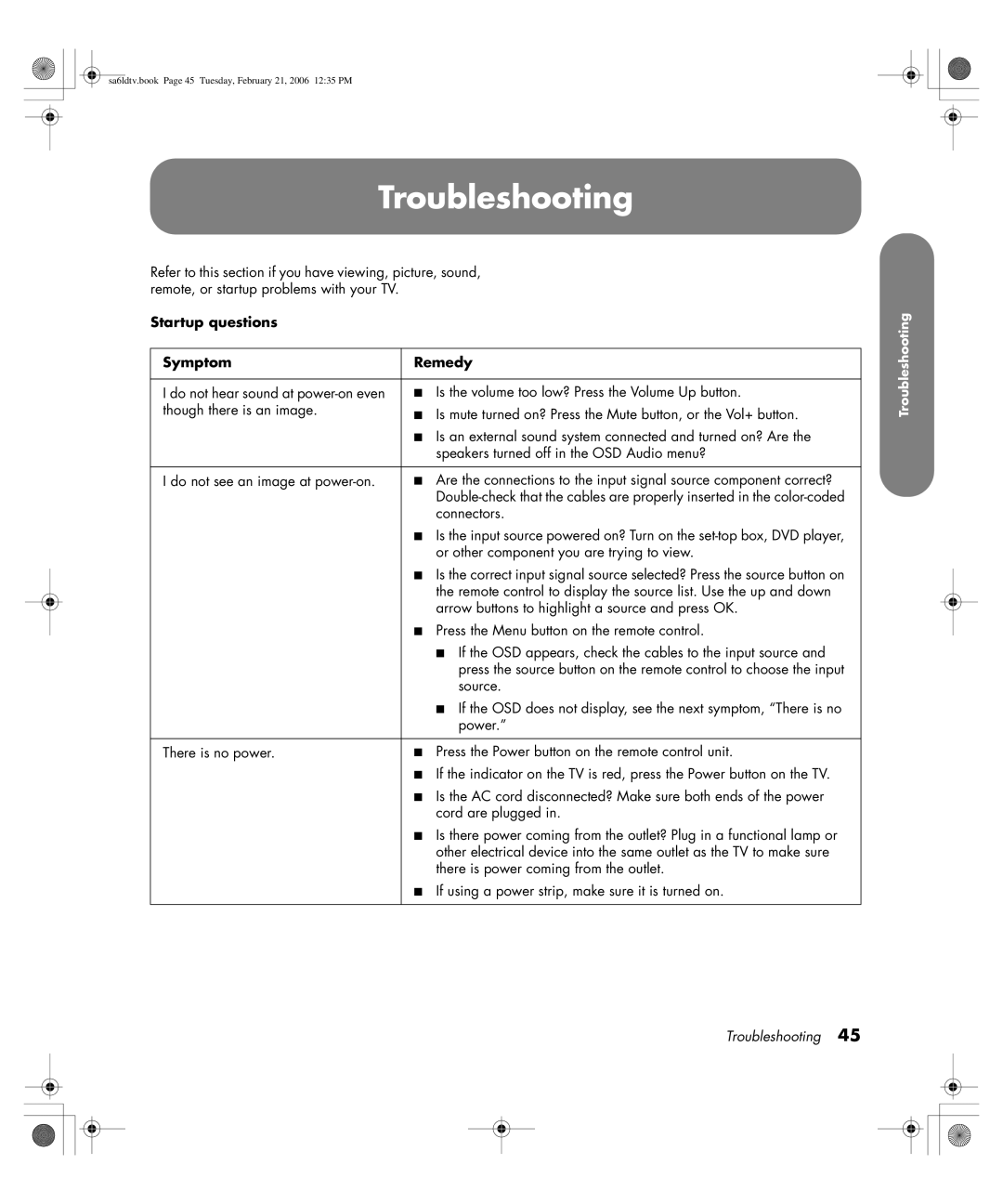 HP LC3260N 32 inch manual Troubleshooting, Startup questions Symptom Remedy 