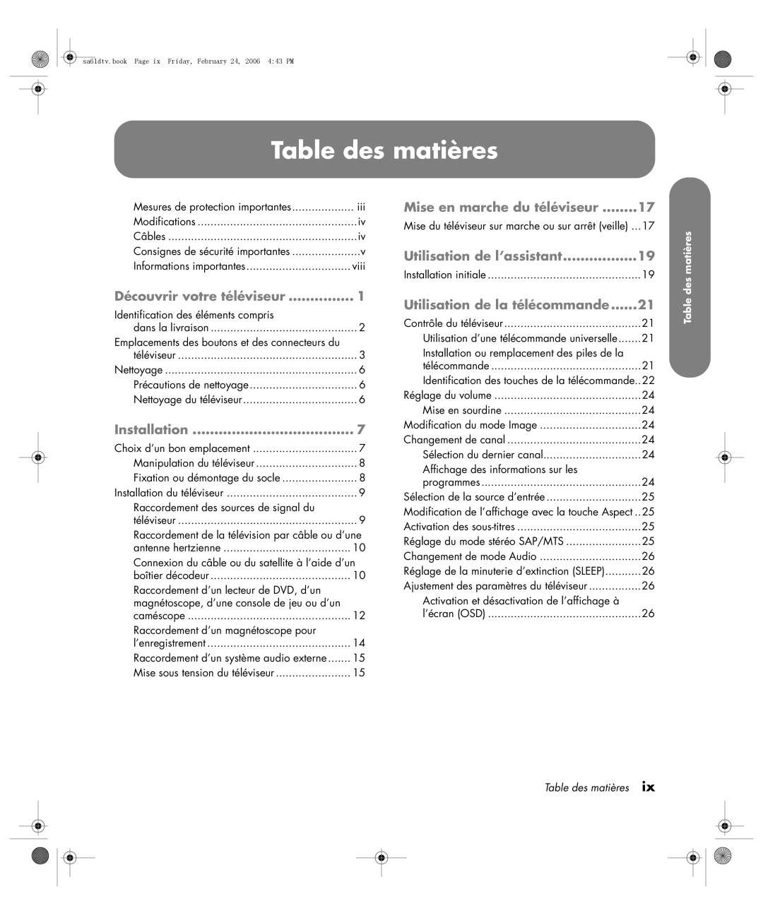 HP LC3260N 32 inch manual Table des matières, Découvrir votre téléviseur 