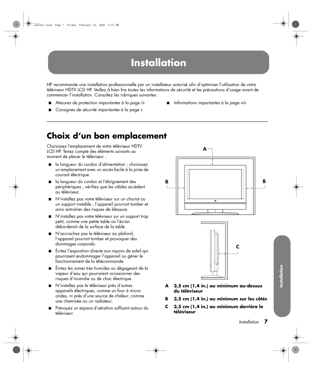 HP LC3260N 32 inch manual Installation, Choix d’un bon emplacement, 5 cm 1,4 in. au minimum derrière le, Téléviseur 