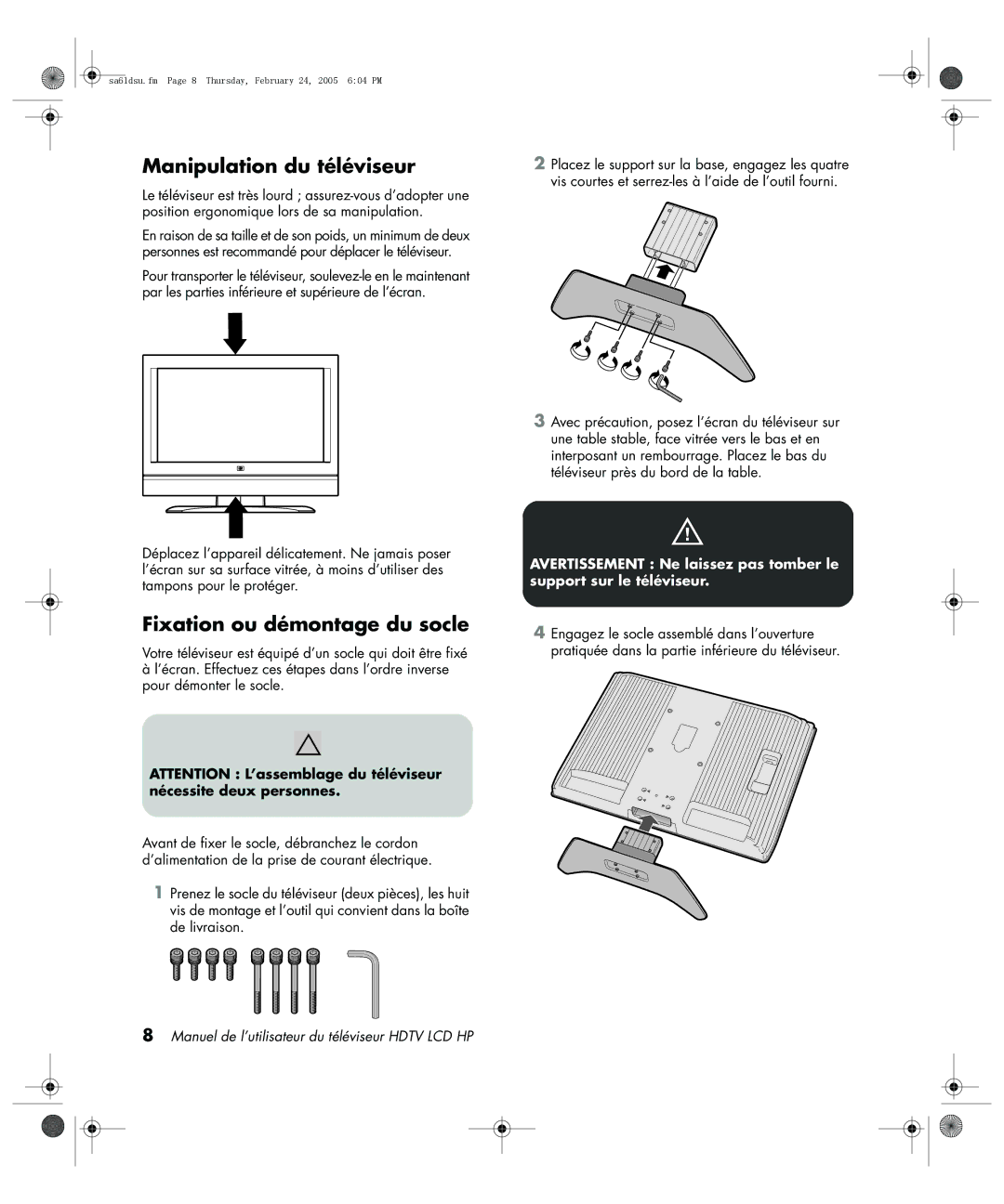 HP LC3260N 32 inch manual Manipulation du téléviseur, Fixation ou démontage du socle 