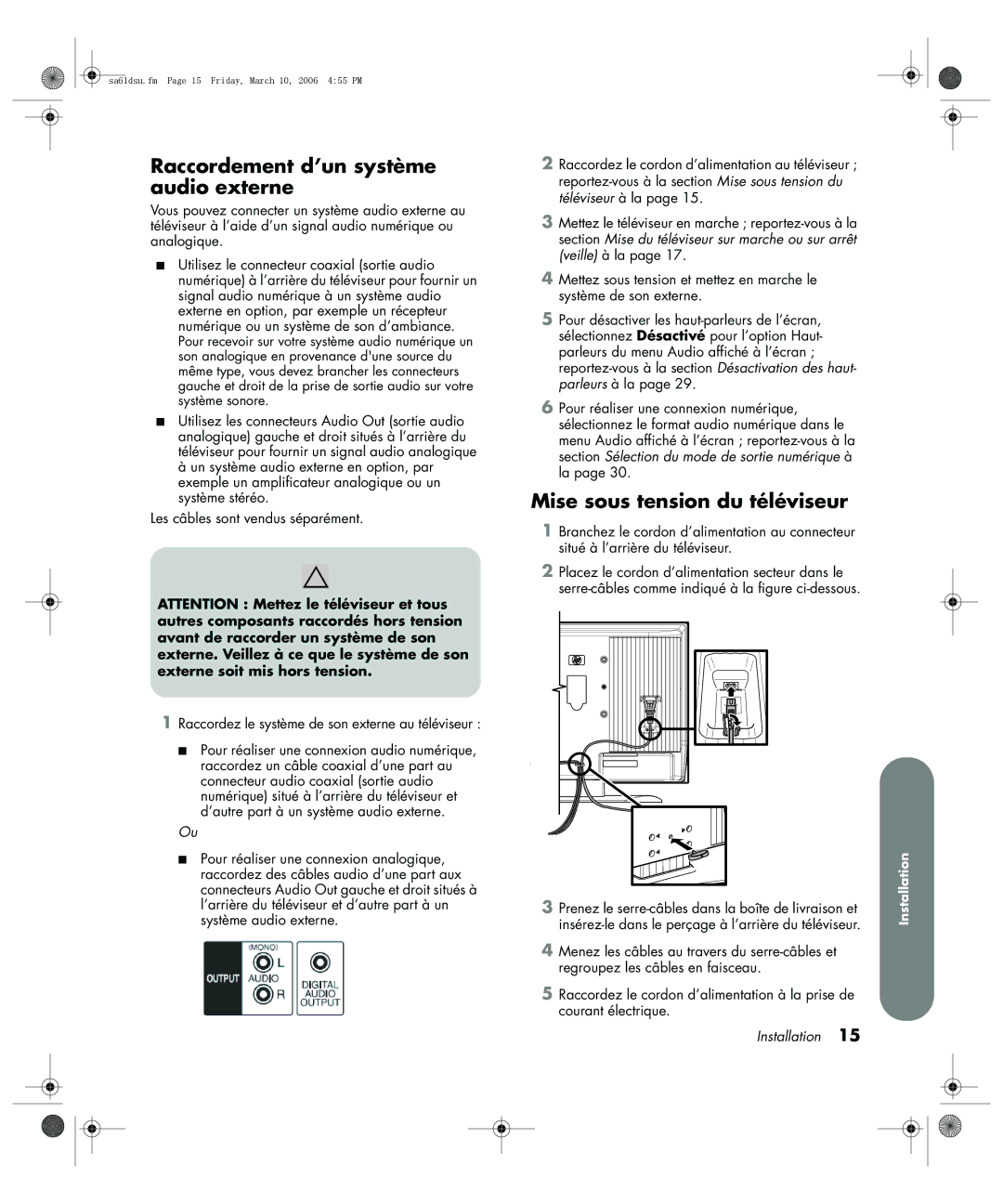 HP LC3260N 32 inch manual Raccordement d’un système audio externe, Mise sous tension du téléviseur 