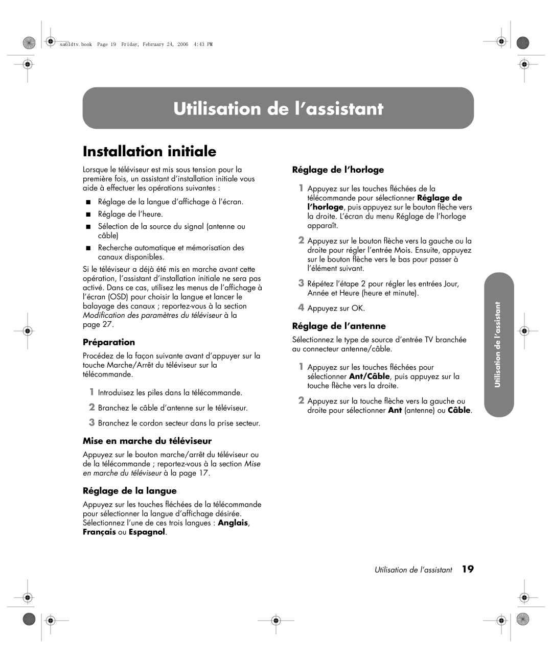 HP LC3260N 32 inch manual Utilisation de l’assistant, Installation initiale 