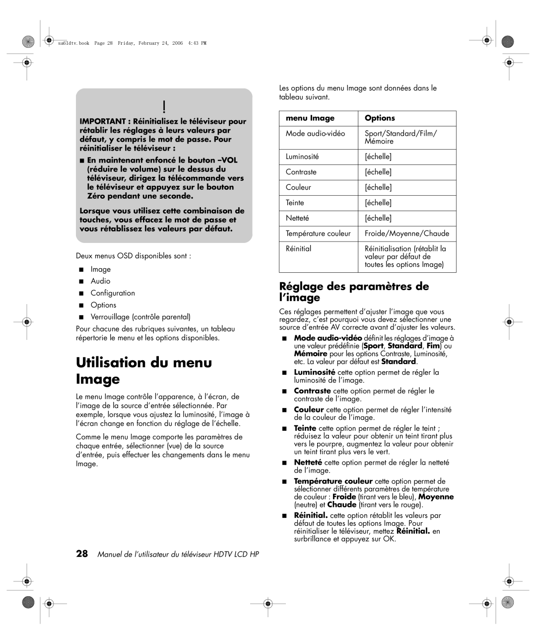 HP LC3260N 32 inch manual Utilisation du menu Image, Réglage des paramètres de l’image, Menu Image Options 