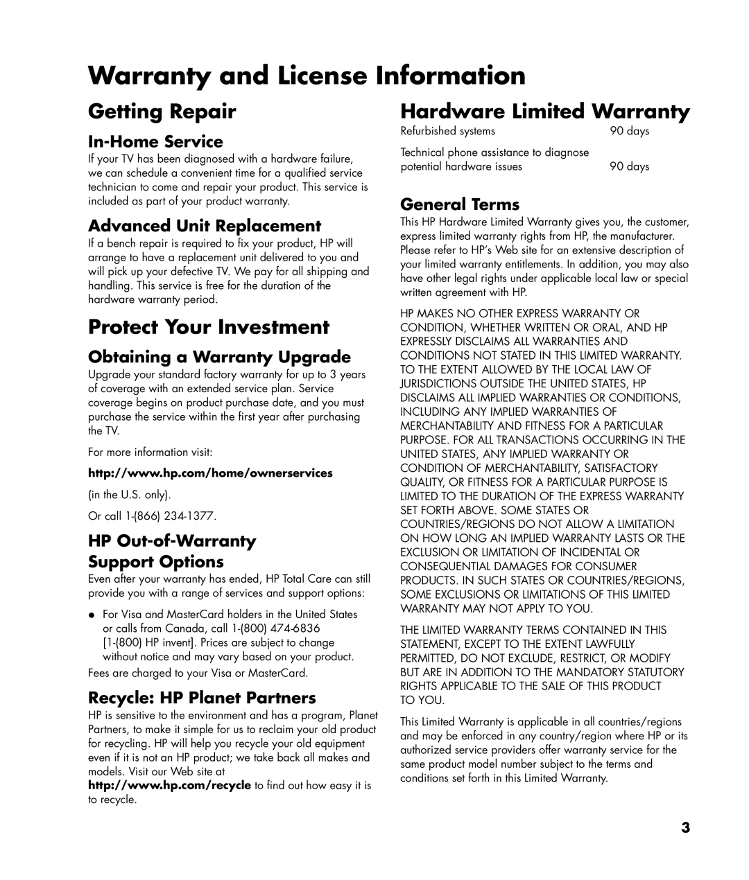 HP LC3200N 32 inch Warranty and License Information, Getting Repair, Protect Your Investment, Hardware Limited Warranty 