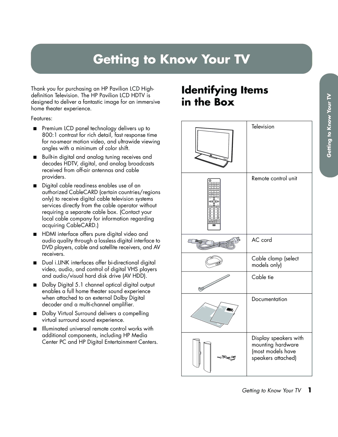 HP LC3700N manual Getting to Know Your TV, Identifying Items in the Box 