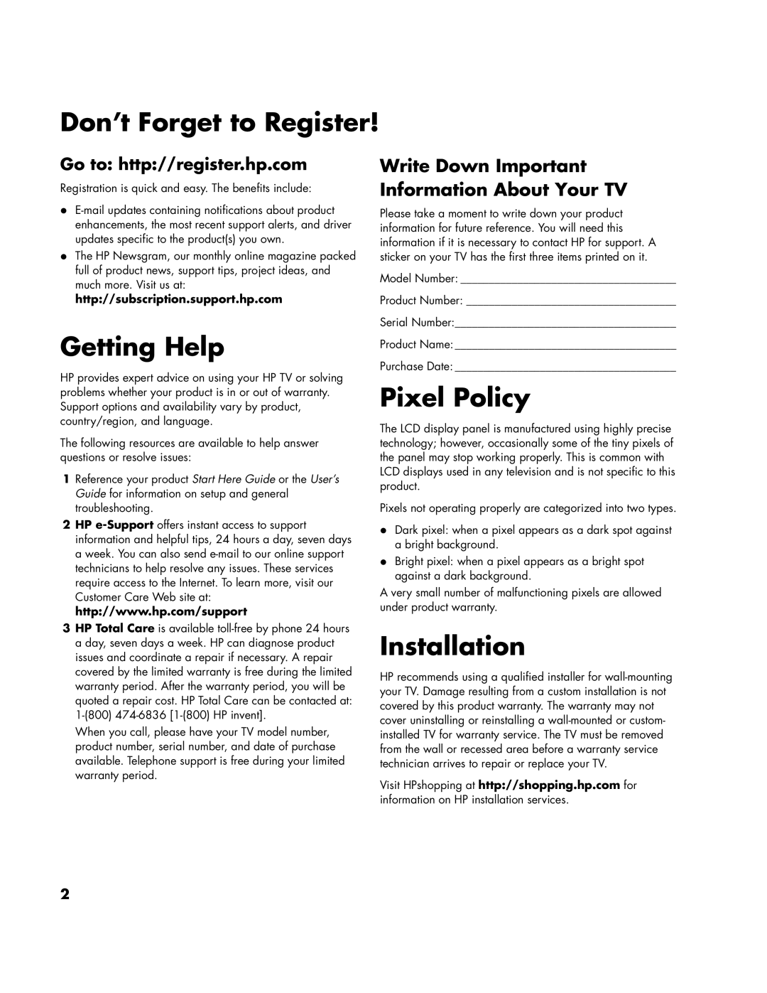 HP LC3700N manual Don’t Forget to Register, Write Down Important Information About Your TV 